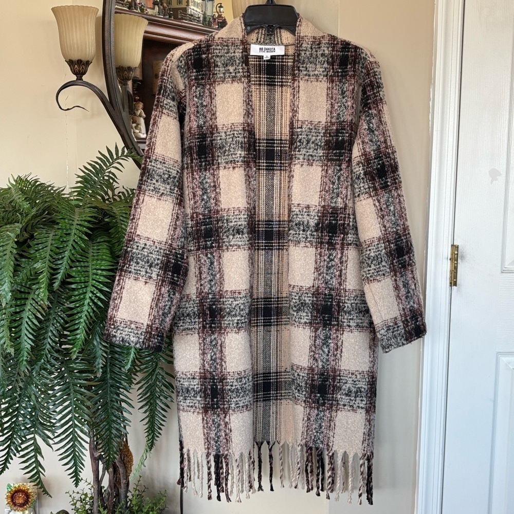 BB Dakota Loose Ends Coat Fringed Plaid Duster Sweater Cardigan Jacket